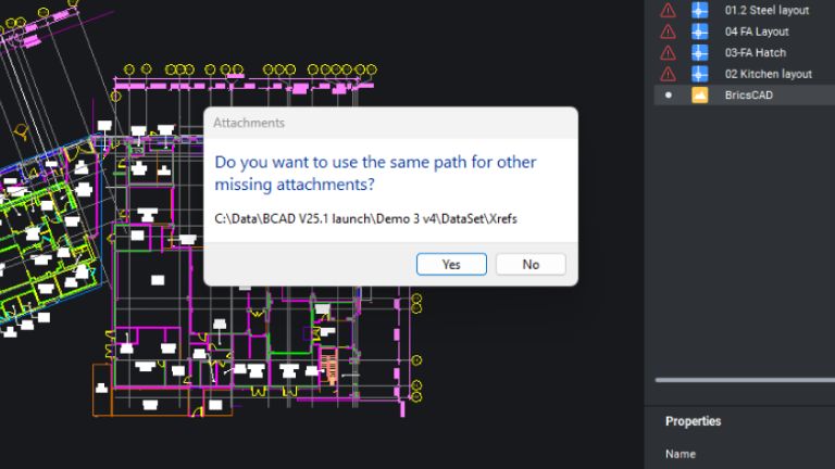 Dialogue box asking whether to look for other missing attachements in BricsCAD Lite Perpetual