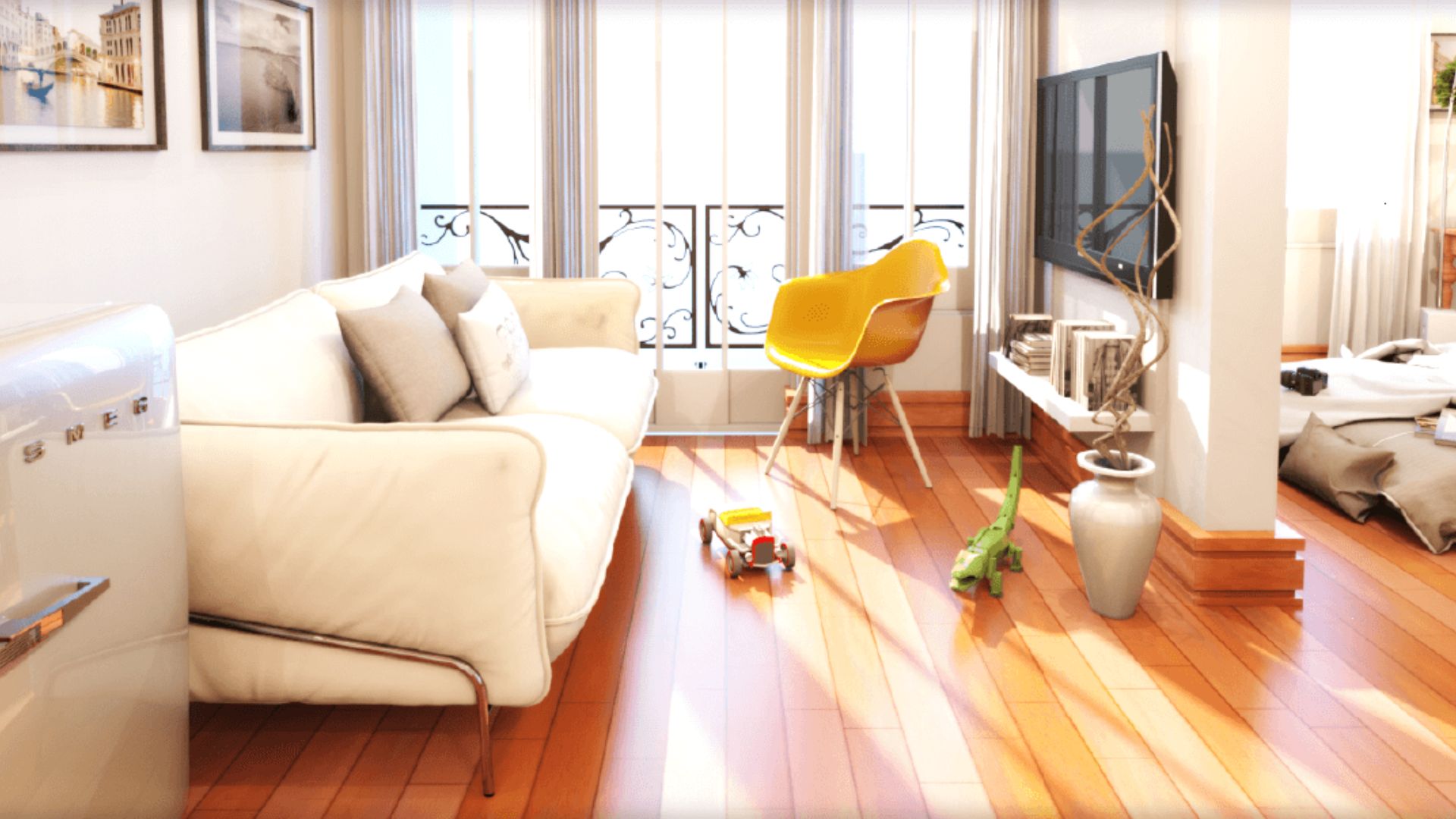 A living room rendered in SimLab Composer showing a range of materials and lighting types